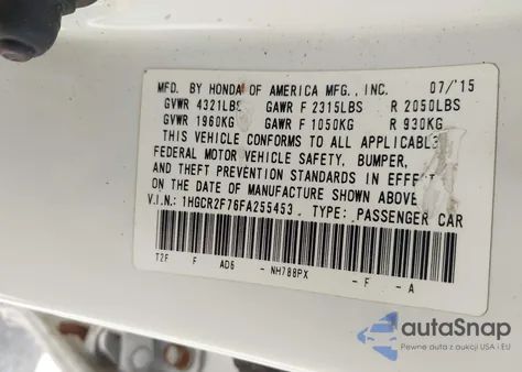 2015 Honda Accord Ex from USA, damaged, VIN 1HGCR2F76FA255453